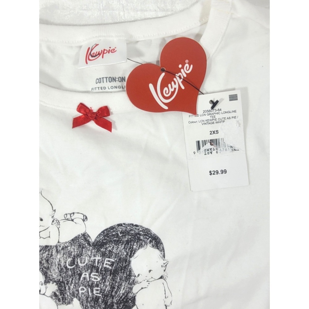 Cotton:On Fitted Longline Kewpie Cute As Pie T-Shirt - White w/ Red Trim - XXS - Picture 3 of 4